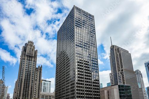 Chicago Illinois city skyscrapers  blue sky background
