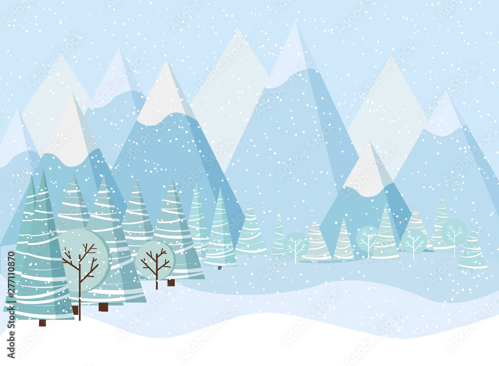 Beautiful Christmas winter landscape background with mountains, snow, trees, spruces in cartoon flat style.