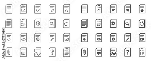 Document Management line icons. Set of Report, Checklist and Copy icons. Download file, Remove and Attach clip symbols. Search, Edit management document and Corrupt report file. Checklist copy