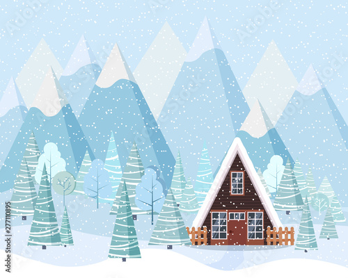 Beautiful Christmas winter landscape background in flat style.