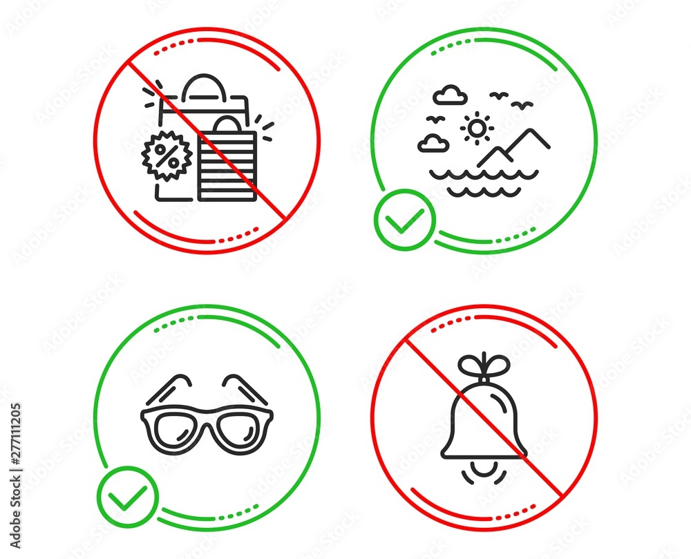 Do or Stop. Shopping bags, Sunglasses and Sea mountains icons simple set. Bell sign. Sale discount, Travel glasses, Summer travel. Alarm signal. Holidays set. Line shopping bags do icon. Vector