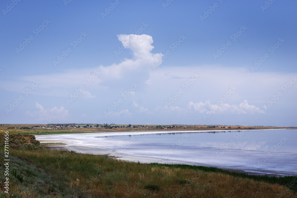 Bright salt deposits on the shore of a beautiful pink lake. Unusual phenomena of nature. In the background mountains and clouds. Bright salt deposits on the shore of a beautiful pink lake. Unusual phenomena of nature. In the background mountains and clouds.