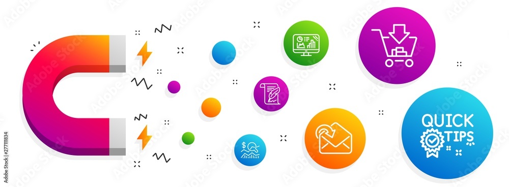 Magnet attracting. Check investment, Receive mail and Shopping icons simple set. Feather, Analytics graph and Quick tips signs. Business report, Incoming message. Line check investment icon. Vector Magnet attracting. Check investment, Receive mail and Shopping icons simple set. Feather, Analytics graph and Quick tips signs. Business report, Incoming message. Line check investment icon. Vector