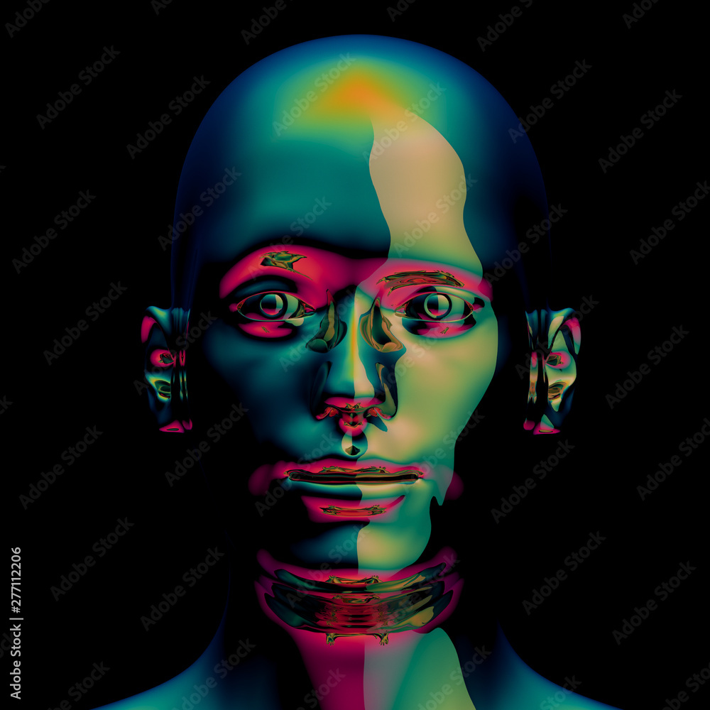 3d illustration of metallic man head green golden polished icon 3d illustration of metallic man head green golden polished icon