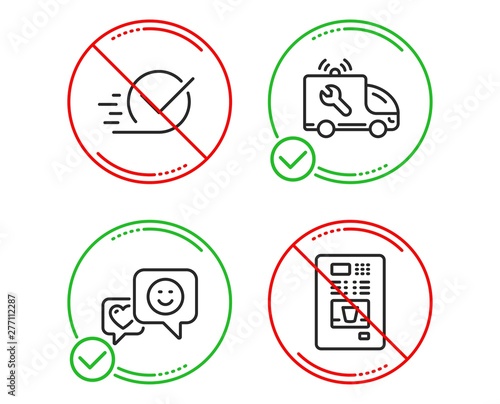 Do or Stop. Checkbox, Smile and Car service icons simple set. Coffee vending sign. Approved, Socila media, Repair service. Coffee vending machine. Line checkbox do icon. Prohibited ban stop. Vector
