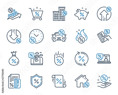 Loan line icons. Set of Investment, Interest rate and Percentage diagram linear icons. Car leasing, analytics plan, Credit card percent and loan rate. Bank mortgage, leasing, interest graph. Vector