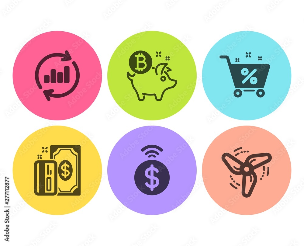 Payment, Loan percent and Update data icons simple set. Bitcoin coin, Contactless payment and Wind energy signs. Cash money, Shopping cart. Finance set. Flat payment icon. Circle button. Vector Payment, Loan percent and Update data icons simple set. Bitcoin coin, Contactless payment and Wind energy signs. Cash money, Shopping cart. Finance set. Flat payment icon. Circle button. Vector