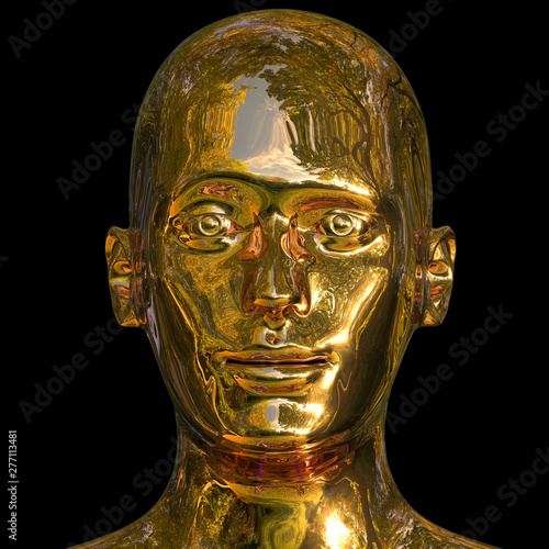 3d illustration of gold human head shot, portrait of single man face