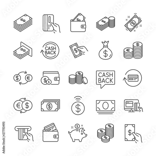 Money line icons. Set of Wallet, Banking and Coins icons. Credit card, Currency exchange and Cashback money service. Euro and Dollar, Cash wallet, exchange. Banking credit card, atm payment. Vector