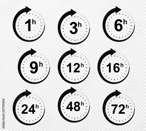 Clock arrow 1, 3, 6, 9, 12, 16, 24, 48, 72 hours. Set of delivery service time icons.