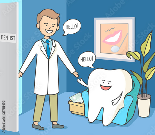 Cartoon tooth and dentist in dentistry reception. Cozy dental waiting room.