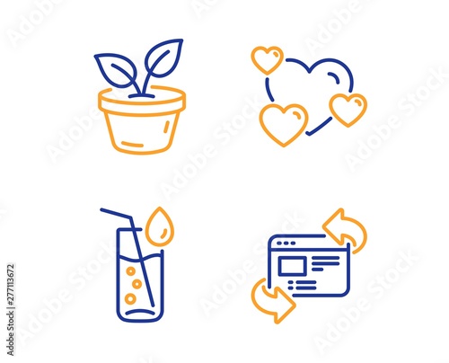 Leaves, Water glass and Heart icons simple set. Refresh website sign. Grow plant, Soda drink, Love rating. Update internet. Linear leaves icon. Colorful design set. Vector