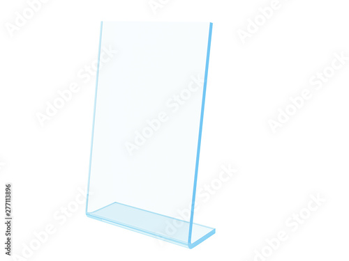 Transparent acrylic or plastic table stand display on white background. 3d rendering