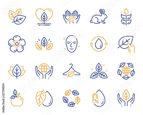Organic cosmetics line icons. No alcohol free, synthetic fragrance. Slow fashion, sustainable textiles icons. Fair trade, eco organic cosmetics. Gluten free, animal testing. Vector