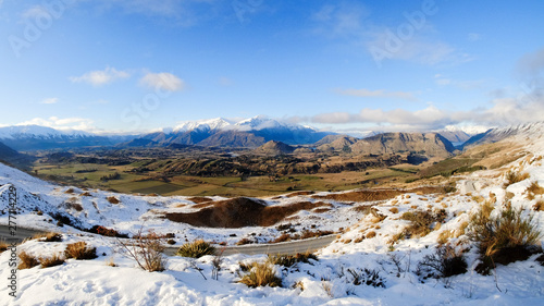 Panorama view of landscape along crown range road, Queenstown, New Zealand. Winter season of New Zealand. Snow covered mountain.