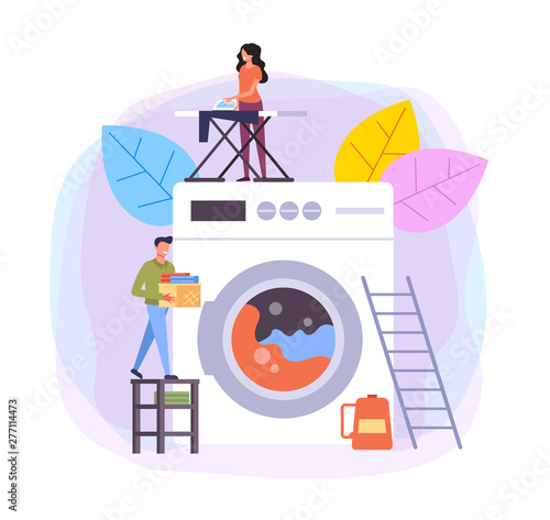 Laundry and dry cleaning clothes service steps illustration. Vector flat cartoon graphic design