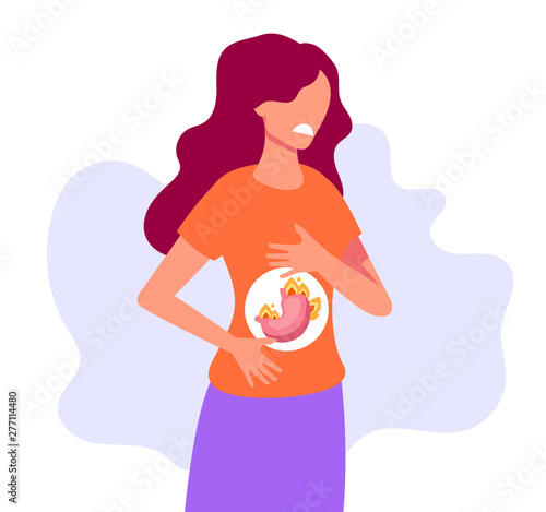 Woman character holding abdomen and feel pain. Heartburn and stomach problems concept. Vector flat cartoon graphic design illustration
