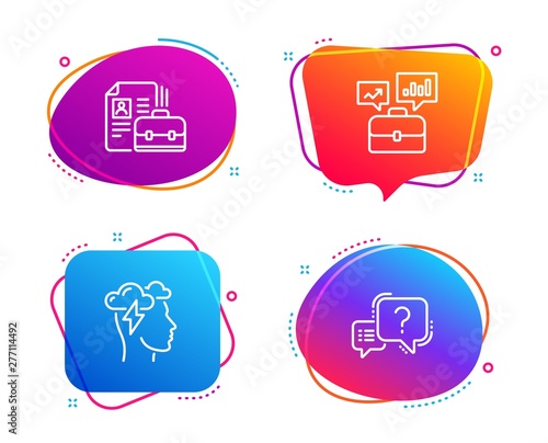 Vacancy, Mindfulness stress and Business portfolio icons simple set. Question mark sign. Hiring job, Cloud storm, Job interview. Quiz chat. Science set. Speech bubble vacancy icon. Vector
