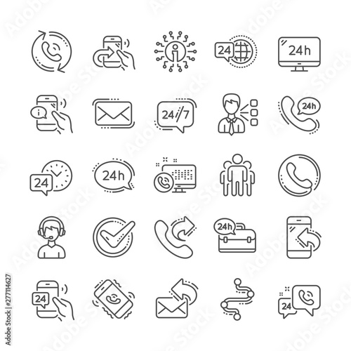 Processing line icons. Set of Call support, callback or feedback and Chat message icons. 24 hour service, Call centre, 24/7. Telephone callback, support message, feedback phone center. Vector