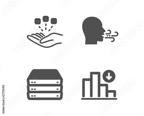 Set of Servers, Breathing exercise and Consolidation icons. Decreasing graph sign. Big data, Breath, Strategy. Crisis chart.  Classic design servers icon. Flat design. Vector
