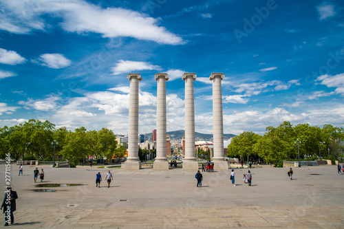 BARCELONA, SPAIN - April, 2019: The Four Columns, created by Josep Puig i Cadafalch, is on the place in front of Museu Nacional d'Art de Catalunya, Barcelona, Spain. photo