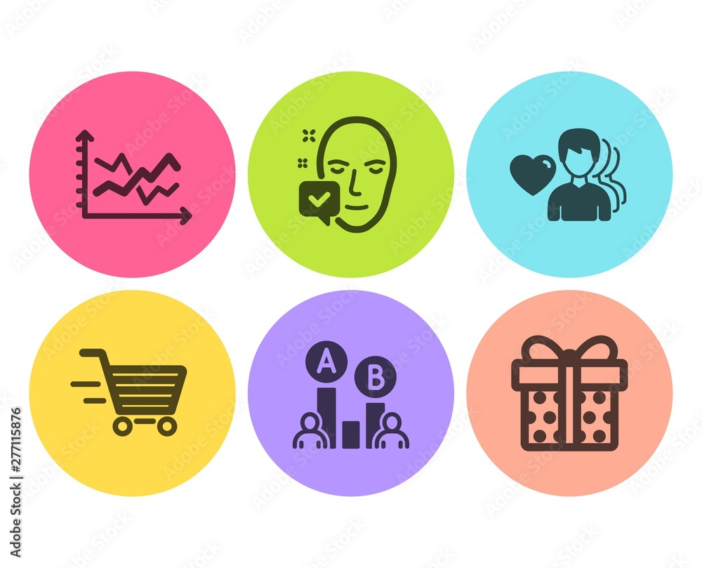 Delivery shopping, Diagram chart and Ab testing icons simple set. Man love, Face accepted and Gift box signs. Online buying, Presentation graph. Flat delivery shopping icon. Circle button. Vector Delivery shopping, Diagram chart and Ab testing icons simple set. Man love, Face accepted and Gift box signs. Online buying, Presentation graph. Flat delivery shopping icon. Circle button. Vector