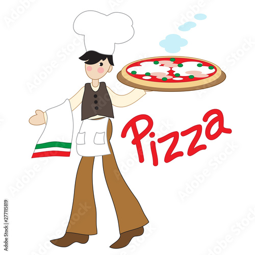 A young pizza maker brings a big pizza on a white background