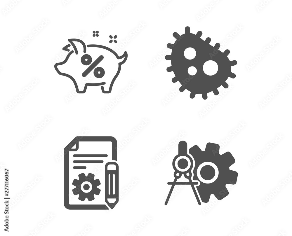 Set of Documentation, Bacteria and Loan percent icons. Cogwheel dividers sign. Project, Antibacterial, Piggy bank. Settings. Classic design documentation icon. Flat design. Vector Set of Documentation, Bacteria and Loan percent icons. Cogwheel dividers sign. Project, Antibacterial, Piggy bank. Settings. Classic design documentation icon. Flat design. Vector