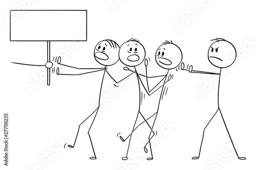 Vector cartoon stick figure drawing conceptual illustration of man or businessman or manager forcing rest of the team to do something or go somewhere. Hand with empty sign.