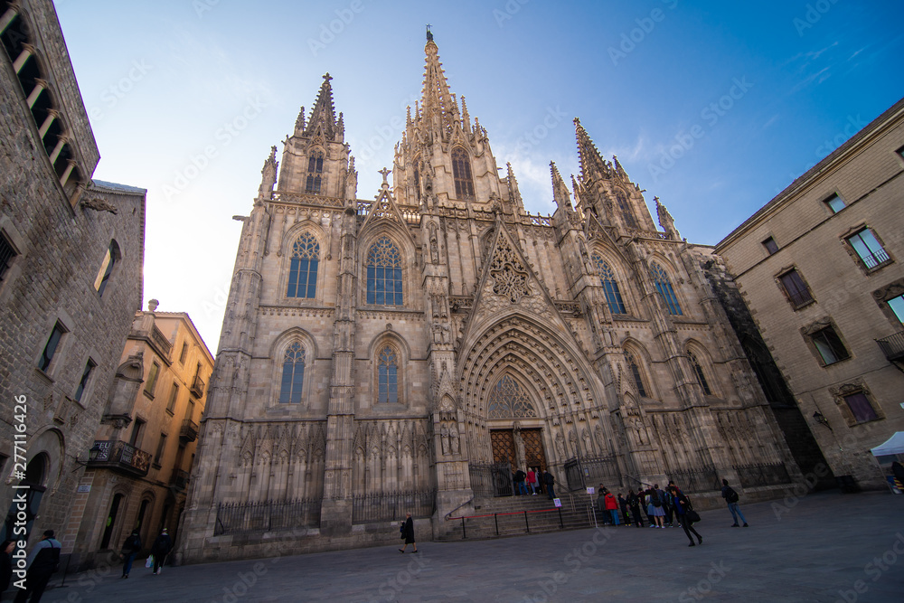 Barcelona, Spain - April, 2019: Old Church in the Gothic Quarter of Barcelona. It is aslo called as Barri Gotic. It is Old City of Barcelona.