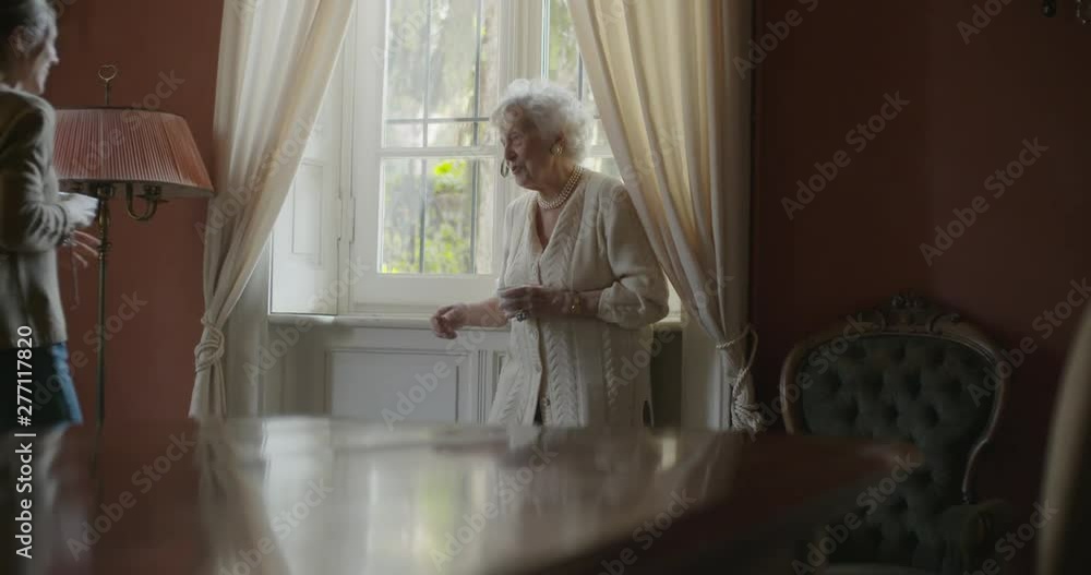 Multigeneration women talking together. Senior grandma woman smiling with her granddaughter visiting near window drinking tea or coffee.White hair elderly grandmother at home.4k slow motion Multigeneration women talking together. Senior grandma woman smiling with her granddaughter visiting near window drinking tea or coffee.White hair elderly grandmother at home.4k slow motion