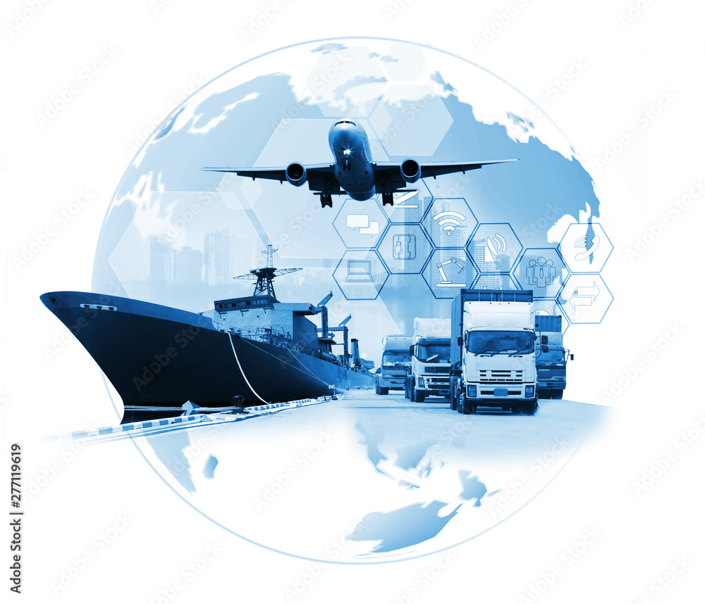 The world logistics , there are world map with logistic network distribution on background and Logistics Industrial Container Cargo freight ship for Concept of fast or instant shipping