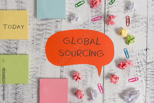 Word writing text Global Sourcing. Business photo showcasing practice of sourcing from the global market for goods Blank speech bubble paper balls clips sticky notes old wooden background photo