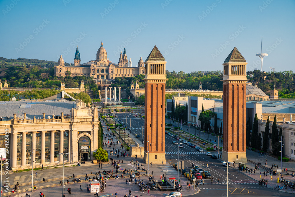 Fototapeta premium BARCELONA - April. 2019: Aerial view of the Placa d'Espanya, also known as Plaza de Espana, one of Barcelona's most important squares, in Barcelona, Spain.