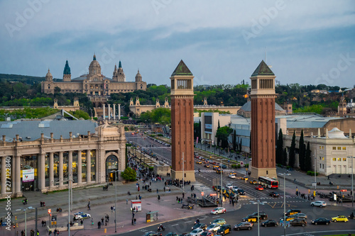 Barcelona, Spain - April, 2019: Aerial top view of Barcelona, Catalonia, Spain in the spring. Placa d'Espanya, Plaza de Espana, the Spanish Square.