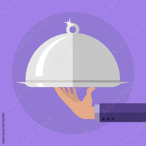 Food serving tray platter with waiter hand vector concept