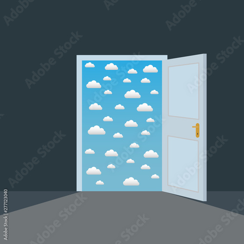 Open door in a dark room to the clouds opportunity vector concept
