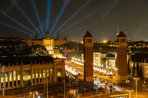 Barcelona  Spain - April  2019  Night view of Plaza de Espana with Venetian towers. Barcelona