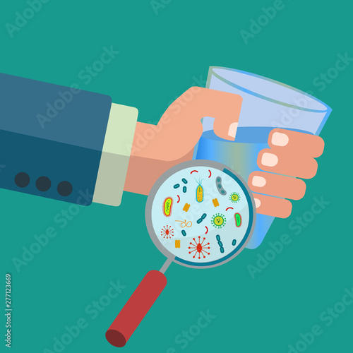 Water polution and bacteria under a magnifying glass vector concept