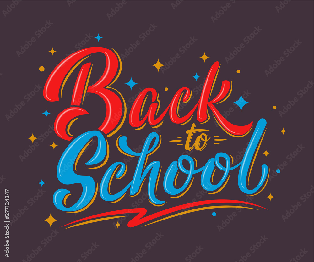 Back to school lettering sign on dark blue background. Colorful handwritten text. Design element for leaflets, cards, envelopes, covers, poster, banner, flyer, mail, sticker. Vector illustration. Back to school lettering sign on dark blue background. Colorful handwritten text. Design element for leaflets, cards, envelopes, covers, poster, banner, flyer, mail, sticker. Vector illustration.