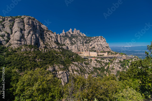 Aerial view on Santa Maria de Montserrat Abbey in Montserrat mountains, Spain