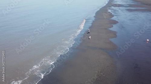POV Drone; aerial view of white haired, Caucasian woman walking along beach with white Labrador dog at low tide near Clam Gulch, Alaska; her red off road vehicle is in the background photo