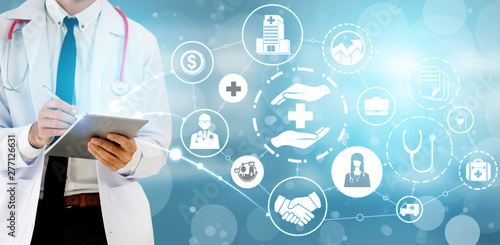 Health Insurance Concept - Doctor in hospital with health insurance related icon graphic interface showing healthcare people, money planning, risk management, medical treatment and coverage benefit.