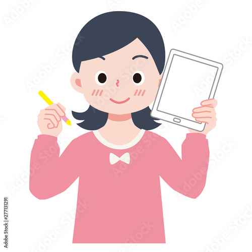 タブレット端末を持つ女の子のイラスト