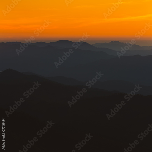 Scenic sunset and mountain view between the hiking route to Doi pui ko, Mae hong son, Thailand.