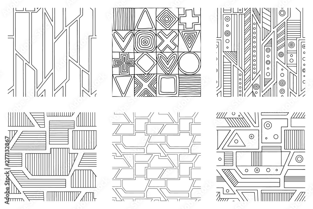 Naklejka premium Set of seamless vector pattern, black and white geometric background with rhombus, triangles, rectangles, dots, lines, squares. Abstract graphic design. Line drawing, print for wallpaper, fabric