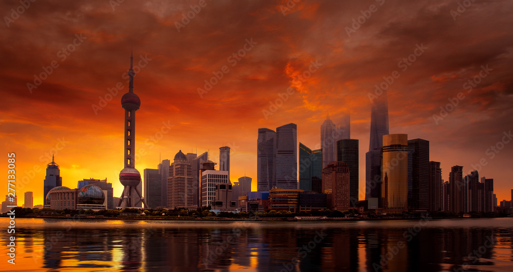 Shanghai skyline and sunset on the Huangpu River at sunset,China