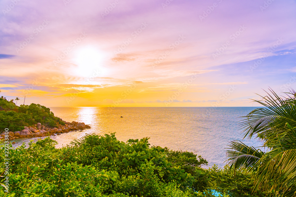 Beautiful outdoor tropical beach sea around samui island with coconut palm tree and other at sunset time