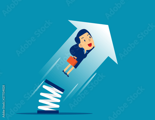 Businesswoman high jump with springboard. Concept business growth vector illustration, Flat cartoon character style design.