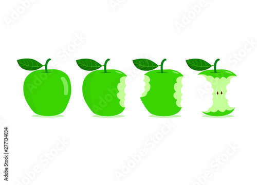 Green apples with bite marks isolated on white background. Bite marks on green apples.
